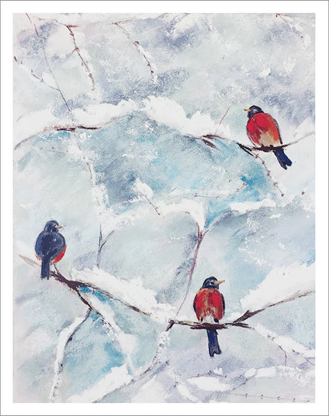 Winter birds greeting card with pastel drawing