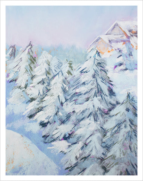 Winter landscape greeting card with pastel drawing