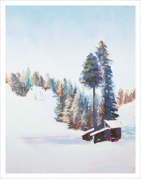 Winter sunny morning greeting card with pastel drawing